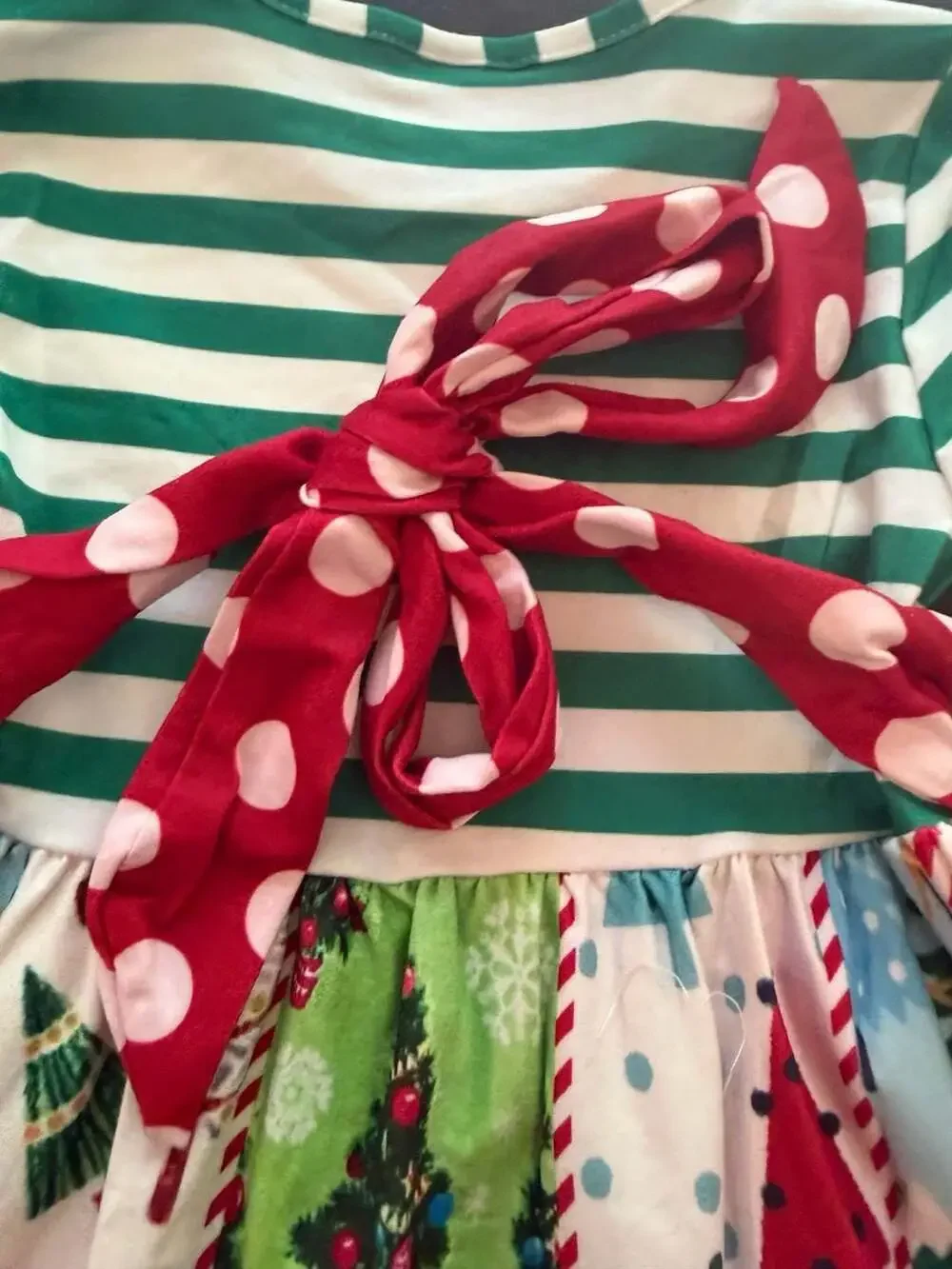 Girls Christmas Tree Patchwork Long Sleeve Ruffle Dress Green Striped Size 18m